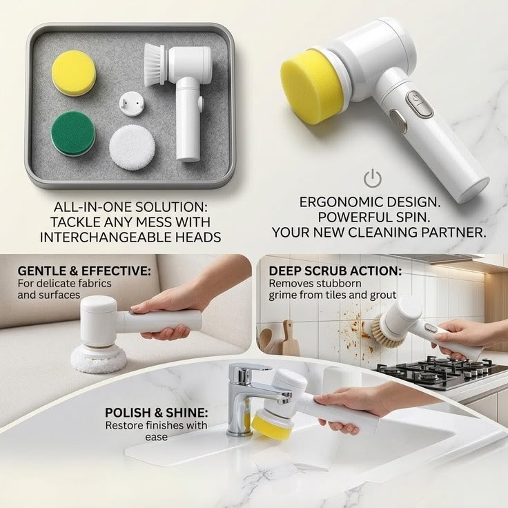 Electric Cleaning Brush, 3 Brush Heads, Bathroom, Shower Tub, Kitchen, Stove, Floor, Car